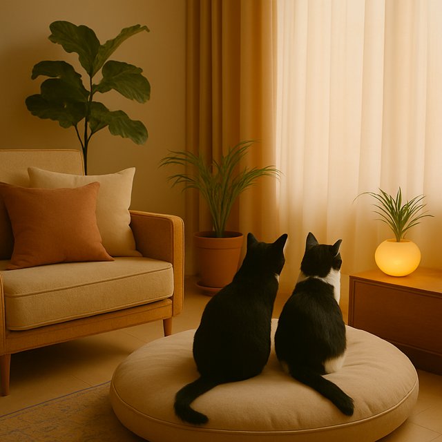 Calm interior with two cats in warm, nude tones